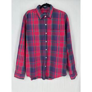 Gap Shirt Mens Large Red Plaid Button Cotton Stretch Blue Classic Long Sleeve